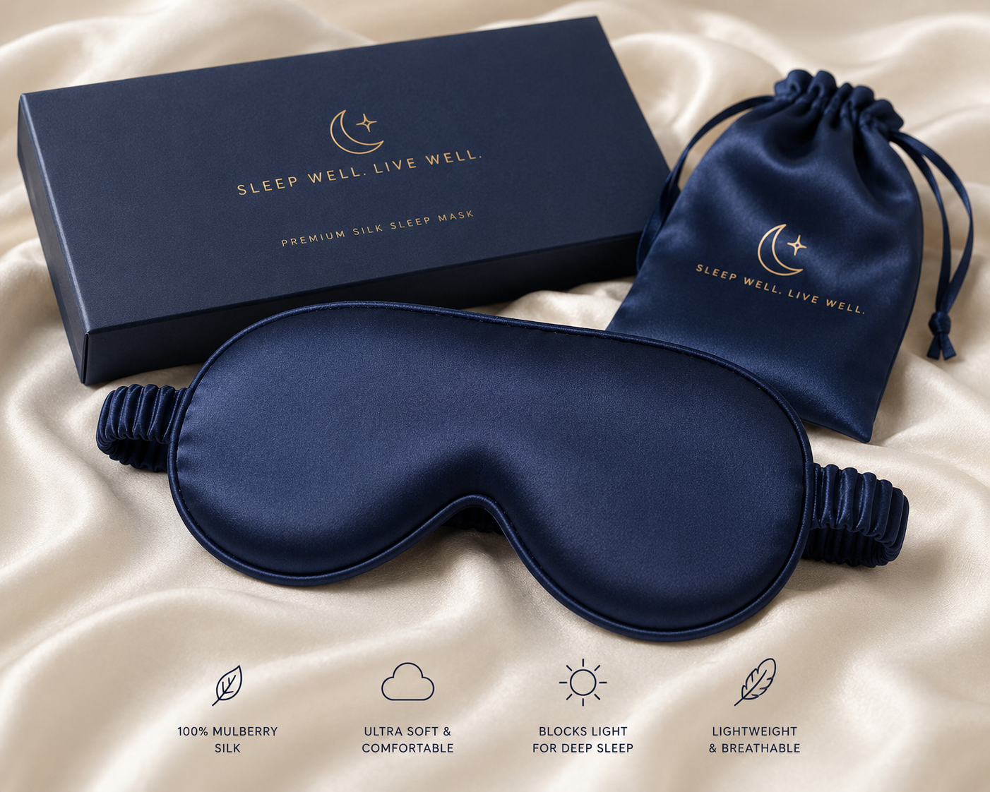 Silk Sleep Mask in navy mulberry silk with box and pouch